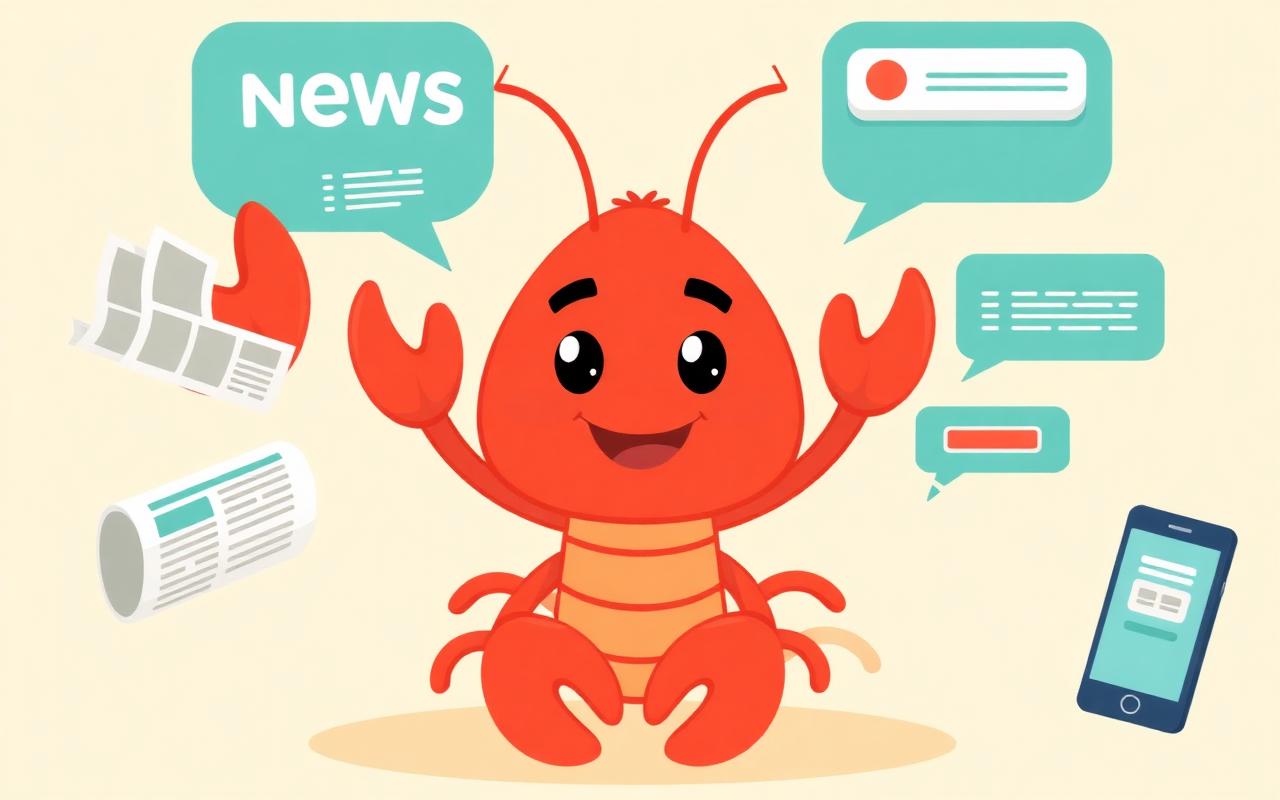 A cheerful lobster mascot surrounded by news articles and chat bubbles